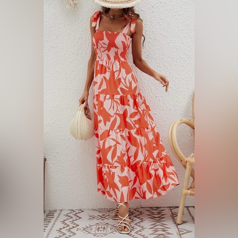 Orange Floral Smocked Tie-Shoulder Tiered Maxi Dress Boho Resortwear A-Line Sz M
